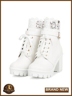 Womens Lace Up Platform Combat Boots PU Leather Chunky Heel Ankle Booties